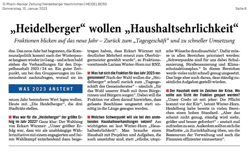„Heidel­berger“ wollen „Haushalts­ehr­lichkeit“ — RNZ Bericht 12.01.23